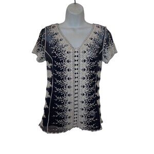 Ultra Pink Jillian Top Women S blue White Lace Boho‎ Casual Retro Embroidered